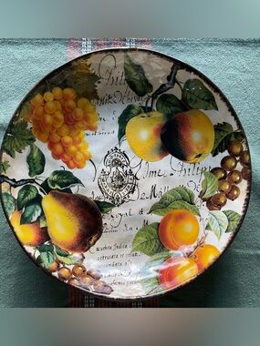 Certified International Large Round Platter Fruit & Black Lettering